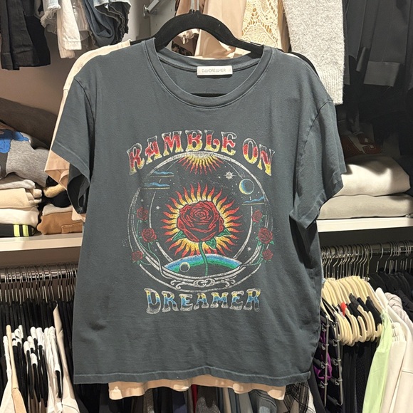 Daydreamer Tops - Daydreamer Ramble On Dreamer Graphic Tee - Slate Blue with Multicolor Print
